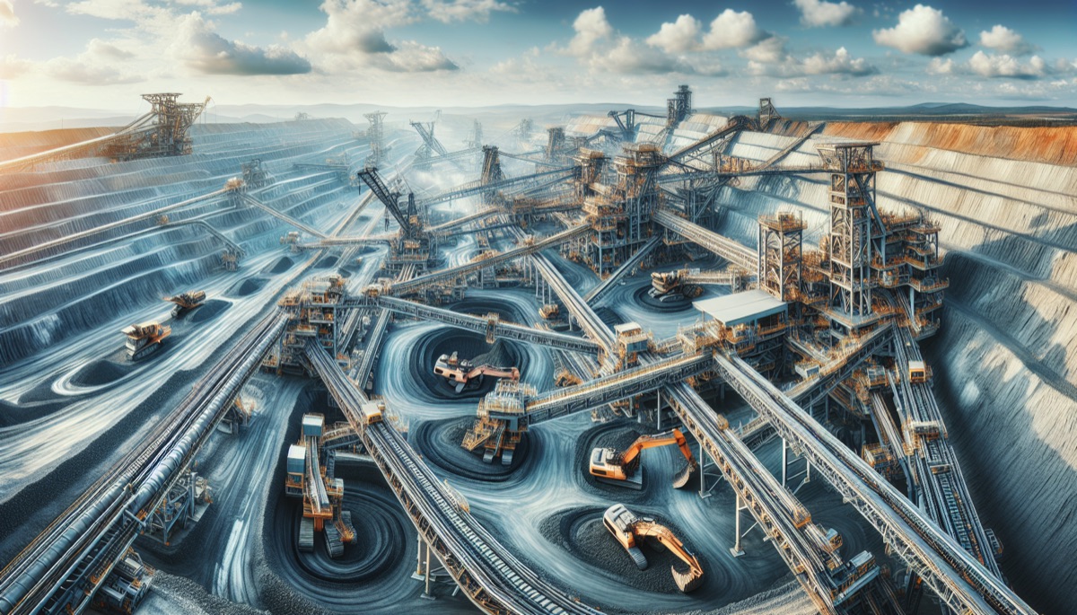 Large-scale open pit with conveyor systems and processing infrastructure