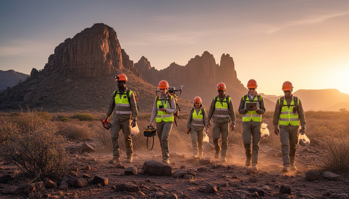 Survey crew crossing rocky ground at sunset, carrying field instruments and a drone