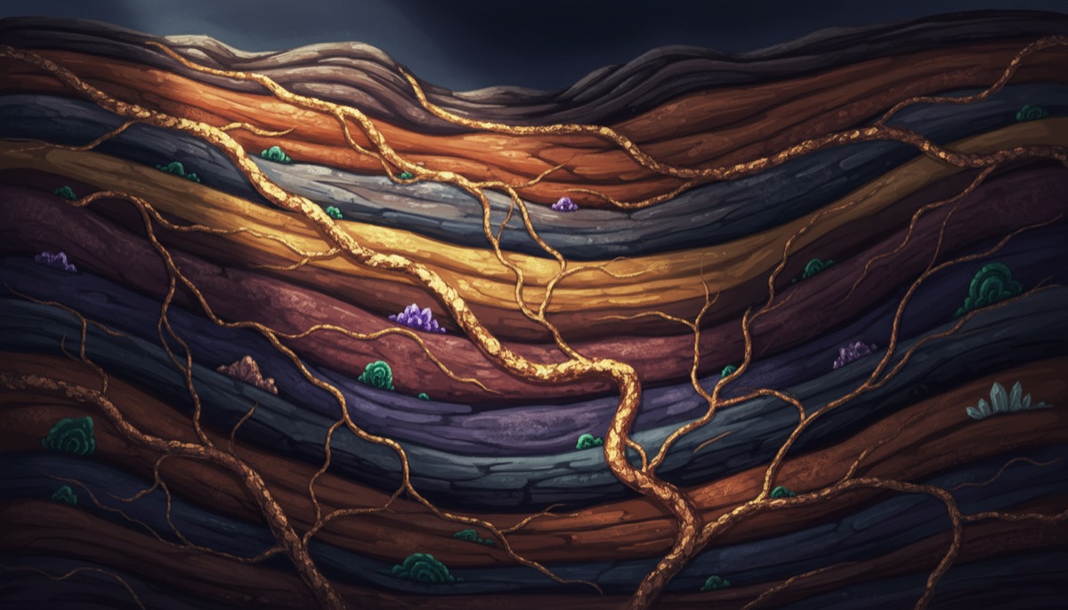 Cross-section illustration of rock strata threaded with gold veins