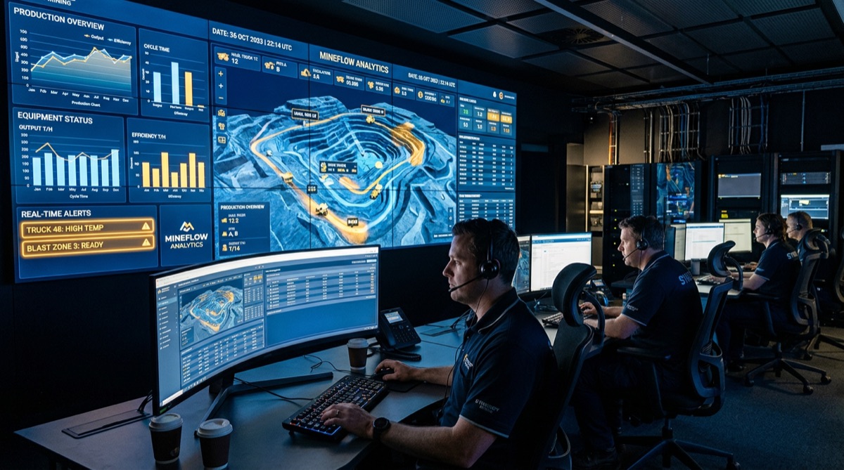 Operations control room with production dashboards on a video wall